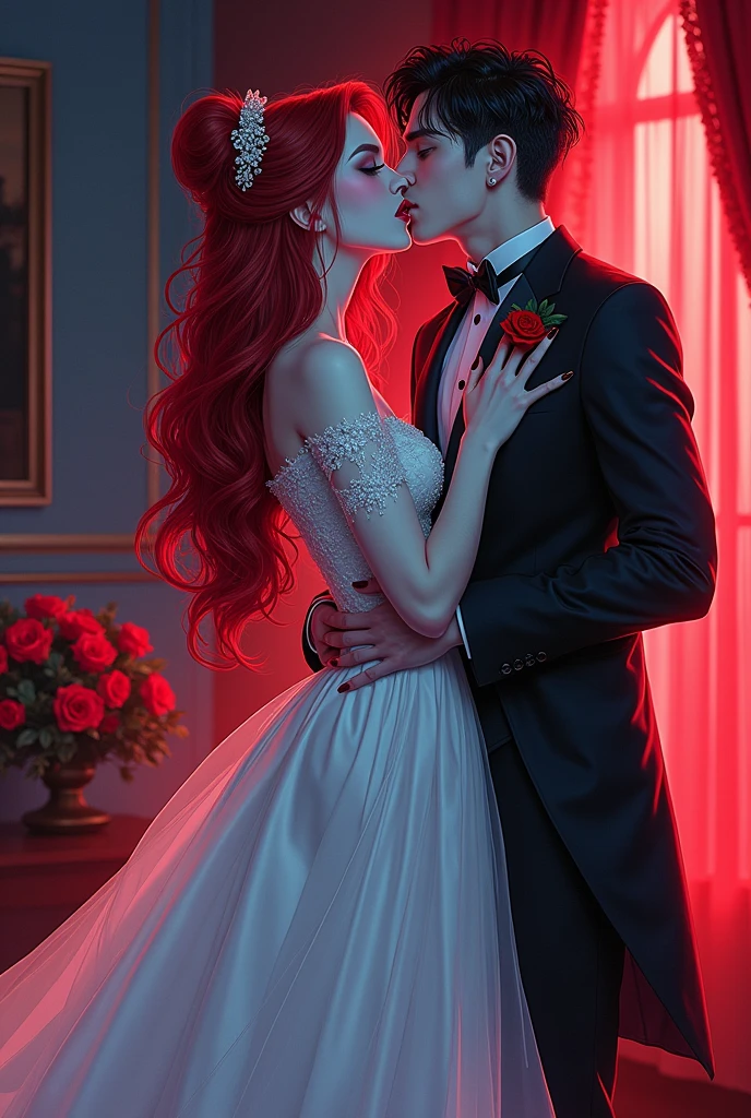 a anime comic picture of a ((vampire bride: 1.5)), biting her groom, a female vampire bride,  female vampire in a ((white leather wedding dress)), (goth wedding dress: 1.4), with bloody gown, best detailed face,  ((blood on face)), ((vampire fangs: 1.5)) ultra feminine, pale skin, red haired, long hair, wedding hair cut style, blue eyes, ((blue glowing eyes: 1.3)), wearing (white leather wedding dress: 1.4) bloody gown, (wearing white high heels: 1.4), in the honeymoon suite, biting the the groom, bloody face, BREAK a beautiful human man, ultra detailed face (best details, Masterpiece, best quality: 1.4), wearing a wedding tuxedo, honeymoon suite background, vibrant, Ultra-high resolution, High Contrast, (masterpiece:1.5), highest quality, Best aesthetics), best details, best quality, highres, 16k, [ultra detailed], masterpiece, best quality, (extremely detailed)