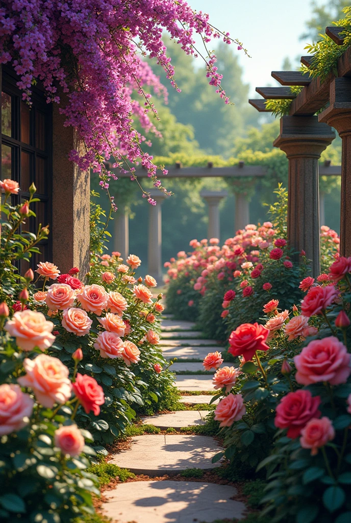 Garden of local roses with golden trumpet and buguinvilla