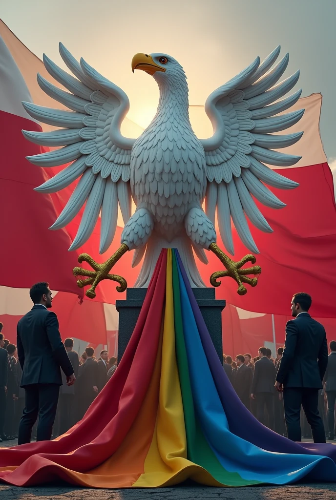 A picture in which LGBT apologizes and Poles take down the rainbow flag and the white eagle triumphs
