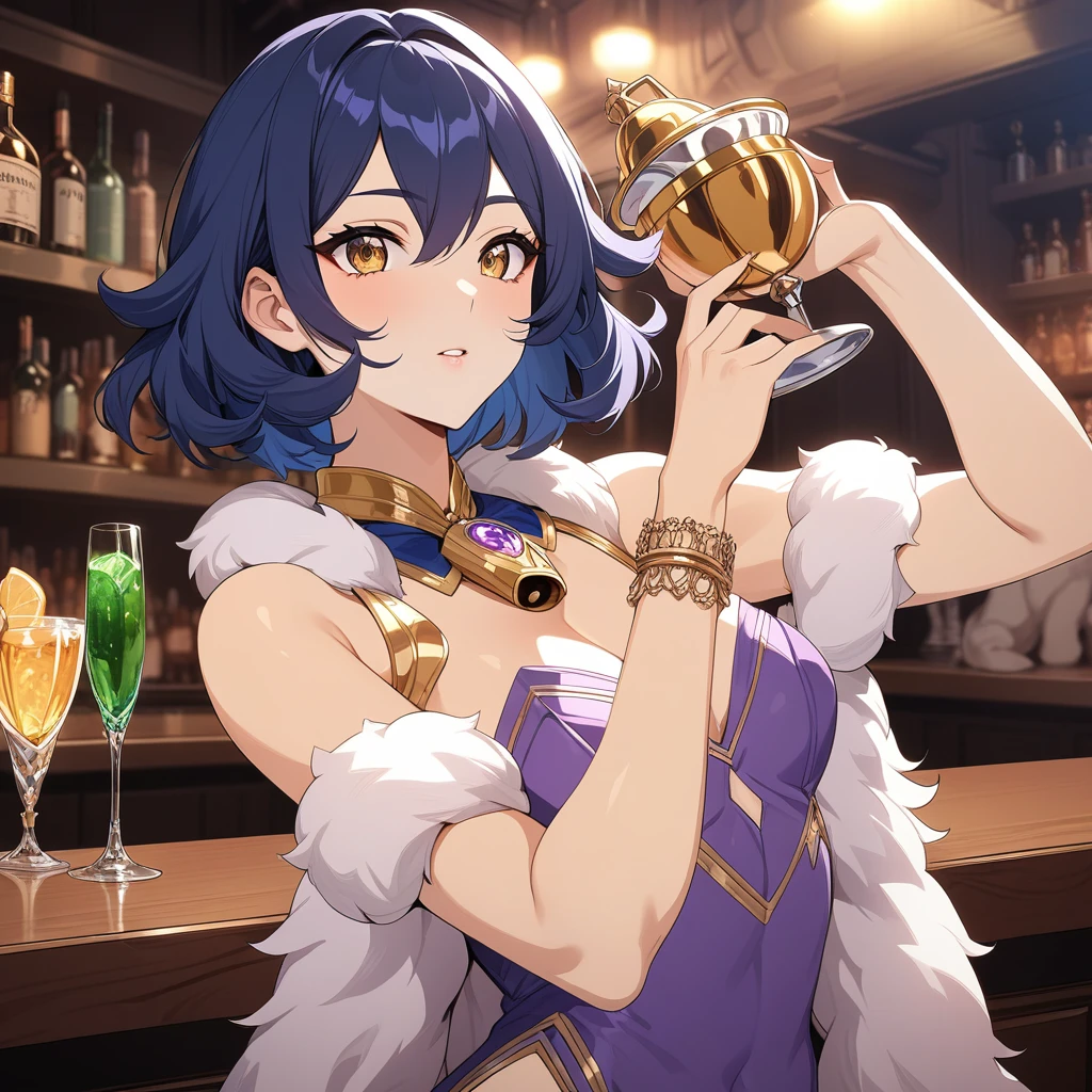 belle, bell from  zenless zone zero, stylish pose, holding drink, great gatsby pose, anatomically correct, 1girl, messy short hair, dark blue hair, golden eyes, beautiful face, pink dress, fur dress, purple dress, fur, bar background, decorative, masterpiece, high quality, hd, 4k, upper body, genshin artstyle, 