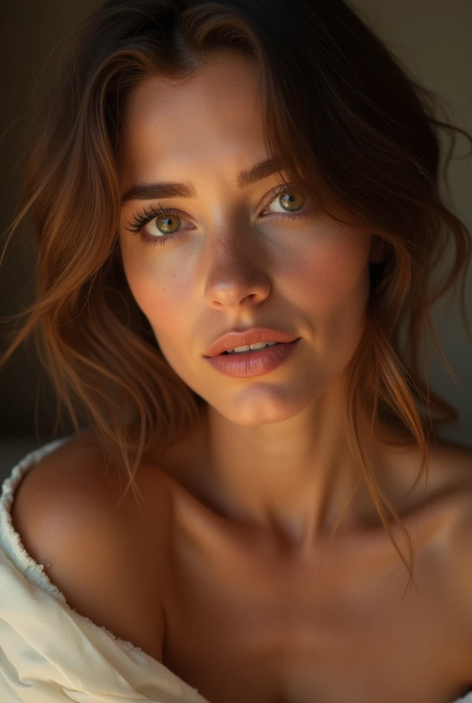 ((long shot))femme réaliste texture de peau détaillée, Beaux traits du visage, long cils, lèvres brillantes, doigts délicats, silhouette élégante, literie de luxe en soie, éclairage doux, composition cinématographique, Couleurs vives, Photoréaliste, 8k, Haute qualité
