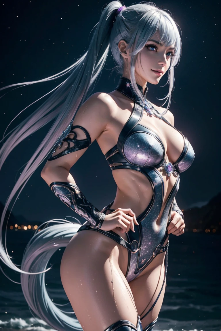 I want to be a powerful figure behind the scenes!,Epsilon,Silver blue hair,long hair,Twin tails,Aligned bangs,Beautiful purple eyes,Beautiful white skin,Photorealistic,Ultra HD,high quality,masterpiece,Digital SLR,Detailed details,Intricate details,Anatomical basis,Depicted in detail,A detailed face,Realistic skin texture,Vivid details,Perfect Anatomy,Perfect Anatomy,Anatomically correct hand,Anatomically correct fingers,Super Detail,Complex 3D rendering,Sexy pose,tail,Wet,Beautiful night sky,A beach with a beautiful starry sky,Fantasy worldview,Picturesque,Pink Lips,smile,