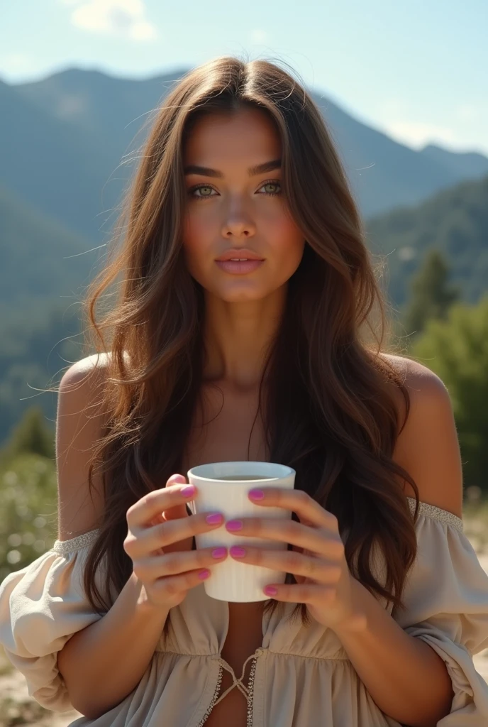 ((long shot)) brunette influencer with long, naturally wavy hair, green eyes, sexly, big , enjoying a coffee in the mountains, elegant and modern look, relaxing, Calm, extravagant , 8k, extremely detail, photorealestic, Details Complicated, Realistic skin texture, realistic hair, Textur, Happy, 8K UHD, best quality, High resolution, attention to details, very large , long shot, wide angle,(big boobs)