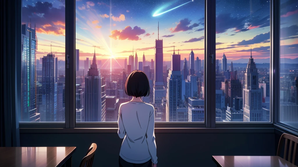 masterpiece, best quality, high quality, detailed, ultra detailed, hyper detailed, insanely detailed, exquisite, beautiful, FHD, Full-HD, 4K, 8K, 16K, highres, absurdres, skyscraper, city, a girl, intelligent, serious look, looking back, short hair, black hair, black eyes, pale skin, beauty mark, in the room, with a window, with a starry sky, with a comet, at night, beautiful, cowboy shot, long-sleeved t-shirt