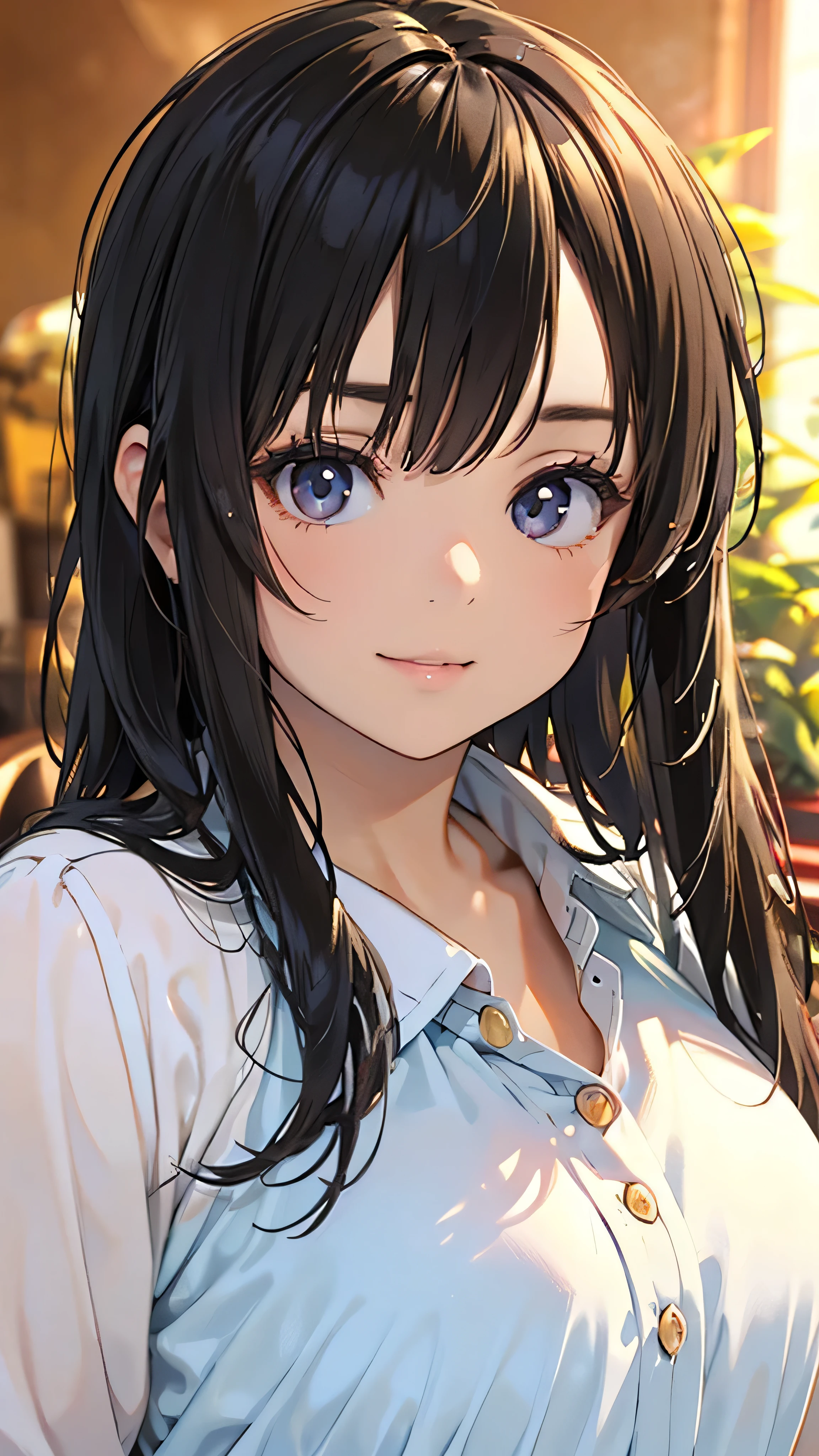 Official Art, wallpaper, Very detailed, (((Very detailedな目と顔))), Realistic portraits, (Highest quality, masterpiece, High resolution), (High resolutionスキン: 1.2), 8K Ultra HD, Backlight, Background Blur, smile, One Woman, a woman in a white shirt, Beautiful woman, Attractive beautiful face, Beautiful face and perfect skin, Diffused, Natural skin glow, Attractive and beautiful, Enveloped in golden light, Gorgeous and attractive, Soft Golden Hour Lighting, natural beauty expressive pose, Soft golden light, Attractive girl, Golden Background, Dynamic Angle