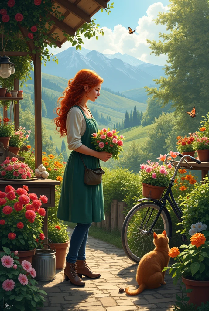 The beautiful redhead florist woman passionately nurturing vibrant flowers at her urban garden stall, insanely detailed and intricate scene, variety flowers and vegentables plants in background with beautiful hilly meadows and small. woods and also mountains with a curious cat in the foreground and a butterfly resting on one of the flowers and a vintage bicycle with flower baskets and an old-fashioned watering can near the plants
