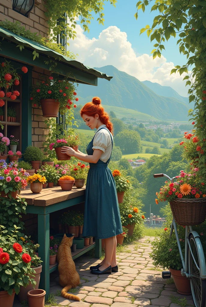 The beautiful redhead florist woman passionately nurturing vibrant flowers at her urban garden stall, insanely detailed and intricate scene, variety flowers and vegentables plants in background with beautiful hilly meadows and small. woods and also mountains with a curious cat in the foreground and a butterfly resting on one of the flowers and a vintage bicycle with flower baskets and an old-fashioned watering can near the plants