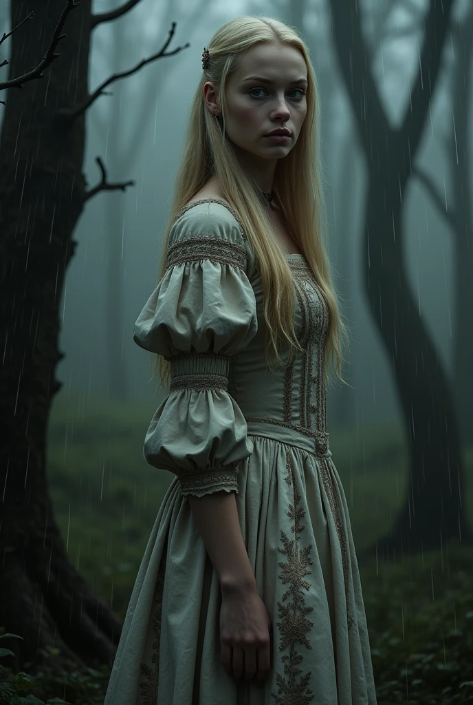Blonde in a dark gloomy forest in the rain in a medieval dress