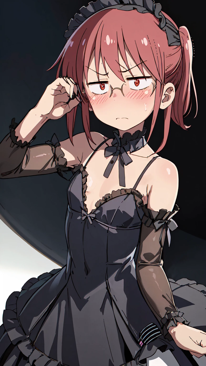 Kobayashi, blushing, frown,  (Bust size very very small.)),  (flat chest:1.2), Posing embarrassed, GothGal, wearing a GothGal outfit, dress, ribbon, frills, 