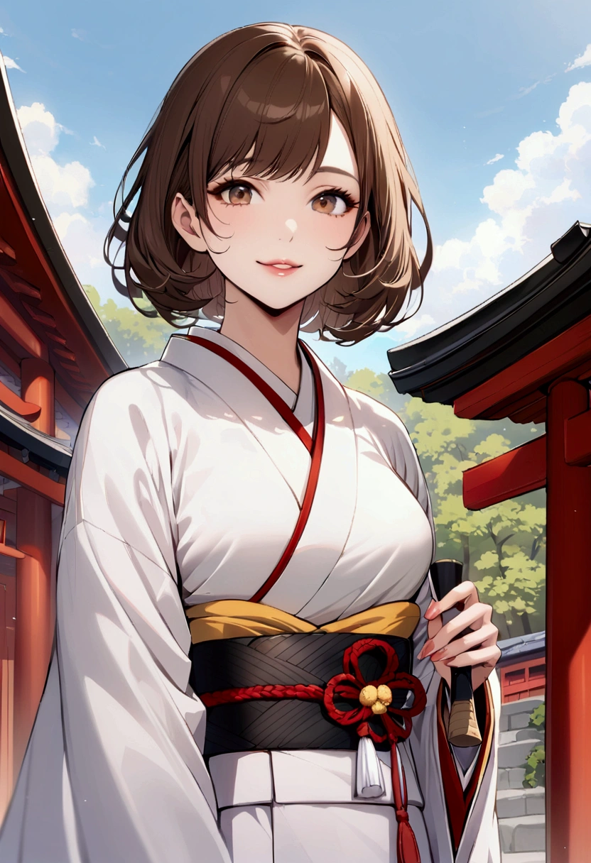 slender, mature female,rating:safe, 1girl, kimono, japanese_clothes,smile, looking_at_viewer, solo, outdoors, brown_hair, day, lips, holding, shrine, standing, white_kimono, sash, brown_eyes, short_hair, obi, parted_lips, long_sleeves, wide_sleeves, bangs, upper_body, watermark, motion_blur,