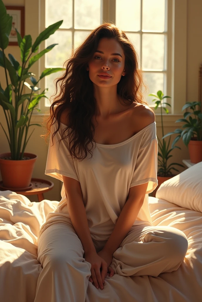 (photorealism:1.2), beautiful woman, sitting on bed, wearing loose off-shoulder top, pajama pants, long curly hair, indoors, soft lighting, plants in background, window with sunlight, cozy room, relaxed pose, realistic, intricate details, warm colors, by Greg Rutkowski, by Alphonse Mucha