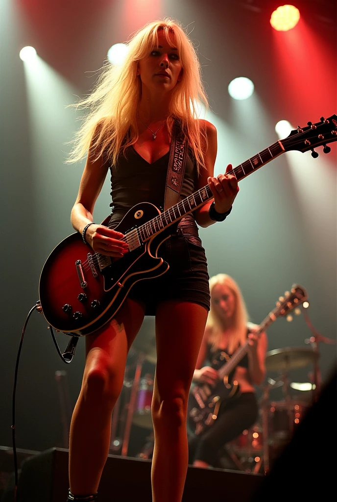 blond woman in a short skirt playing a guitar on stage, playing guitar onstage, live concert photography, dreamy rock girl, 2 0 1 2, 2012, 2 0 1 1, 2011, beth cavener, performing on stage, rectangle, concert photography, rocking out, women playing guitar, rock star, by Dave Melvin, bottom angle