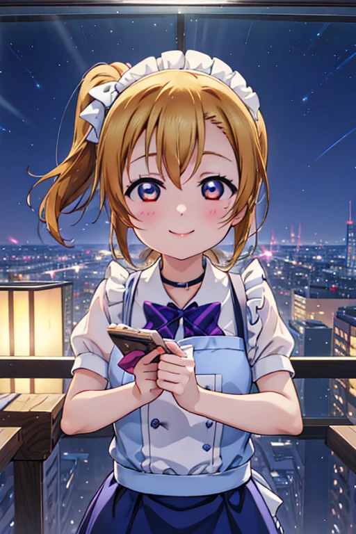 Highest quality、masterpiece、One Girl、alone、anime、animeScreencap、Ray Tracing、Global Illumination、ultra hi resolution picture、Bright colors、Light on the face、Glowing Eyes、Depth of written boundary、Detailed Background、Side Ponytail、cute、Straight、smile、View your viewers、Love Live!、Clear skies、 Honoka Kousaka、whole body、Coffee shop、Maid clothes