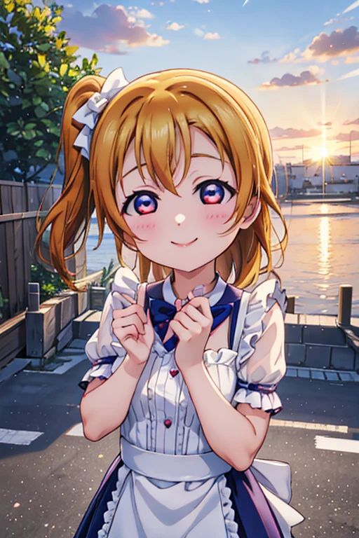  Highest quality、masterpiece、One Girl、alone、anime、animeScreencap、Ray Tracing、Global Illumination、ultra hi resolution picture、Bright colors、Light on the face、Glowing Eyes、Depth of written boundary、Detailed Background、Side Ponytail、cute、Straight、smile、View your viewers、Love Live!、Clear skies、 Honoka Kousaka、whole body、Coffee shop、Maid clothes