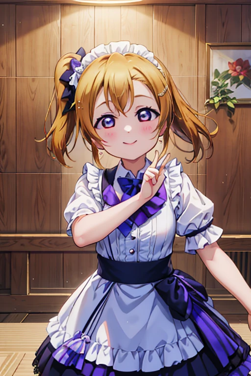 Highest quality、masterpiece、One Girl、alone、anime、animeScreencap、Ray Tracing、Global Illumination、ultra hi resolution picture、Bright colors、Light on the face、Glowing Eyes、Depth of written boundary、Detailed Background、Side Ponytail、cute、Straight、smile、View your viewers、Love Live!、Clear skies、 Honoka Kousaka、whole body、Coffee shop、Maid clothes