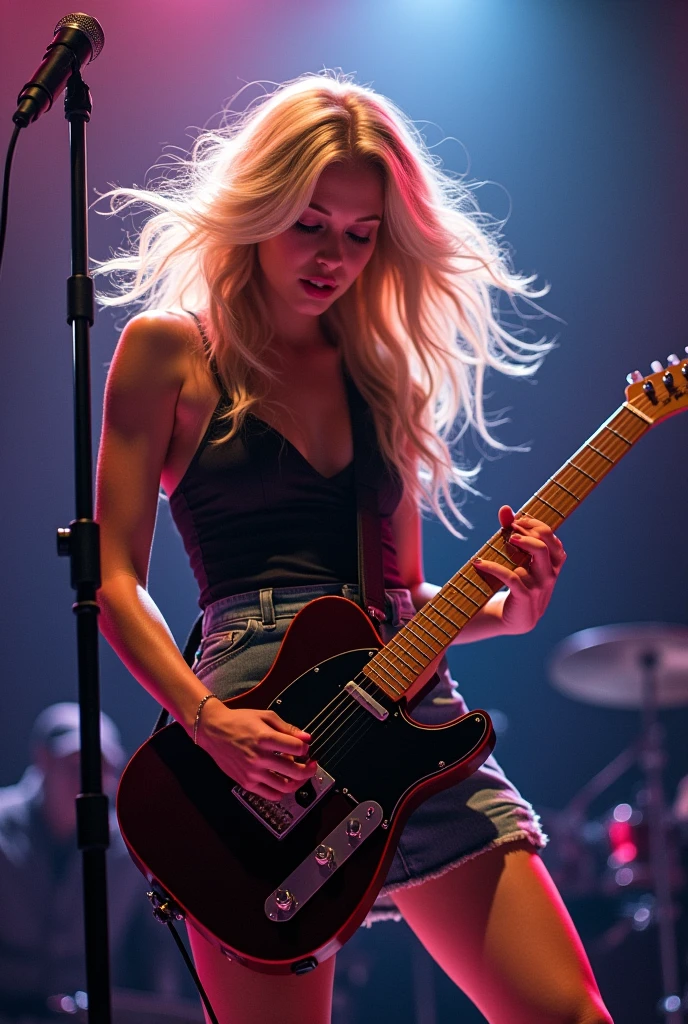 blond woman in a short skirt playing a guitar on stage, a portrait by Dave Melvin, pexels, figuration libre, playing guitar onstage, live concert photography, dreamy rock girl, 2 0 1 2, 2012, 2 0 1 1, 2011, beth cavener, performing on stage, rectangle, concert photography, rocking out