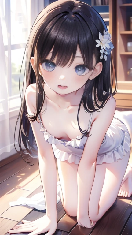 masterpiece, best quality,
super detailed, ultra detailed, extreme detailed, extremely detailed, ultimate detailed, hyper detailed,
beautiful eyes, beautiful hair, beautiful face, beautiful skin,dutch angle,(Highest quality)), ((masterpiece)), (detailed), ((Full body shot 1.5)),1人の16歳のBeautiful woman,Very sexy,Small breasts,
Beautiful woman,Beautiful Face,Big eyes,Beautiful Eyes,Well-formed double eyelids,Beautiful teeth alignment,Beautiful body lines,8 heads and a slim body,Beautiful long arms,Beautiful long legs,Long and flexible hair,shiny black hair,Embarrassed expression,Blushing and ecstatic expression,Half-open mouth,Beautiful shoulders,Beautiful collarbone,A pose on all fours that emphasizes cleavage,He is wearing a white open-necked shirt with a large opening at the chest.,