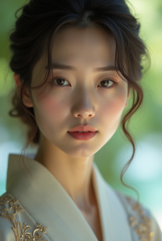 An elegantly dressed Japanese woman in natural light、A close-up of her chest and calm expression.、It shows her inner peace and outer charm.。