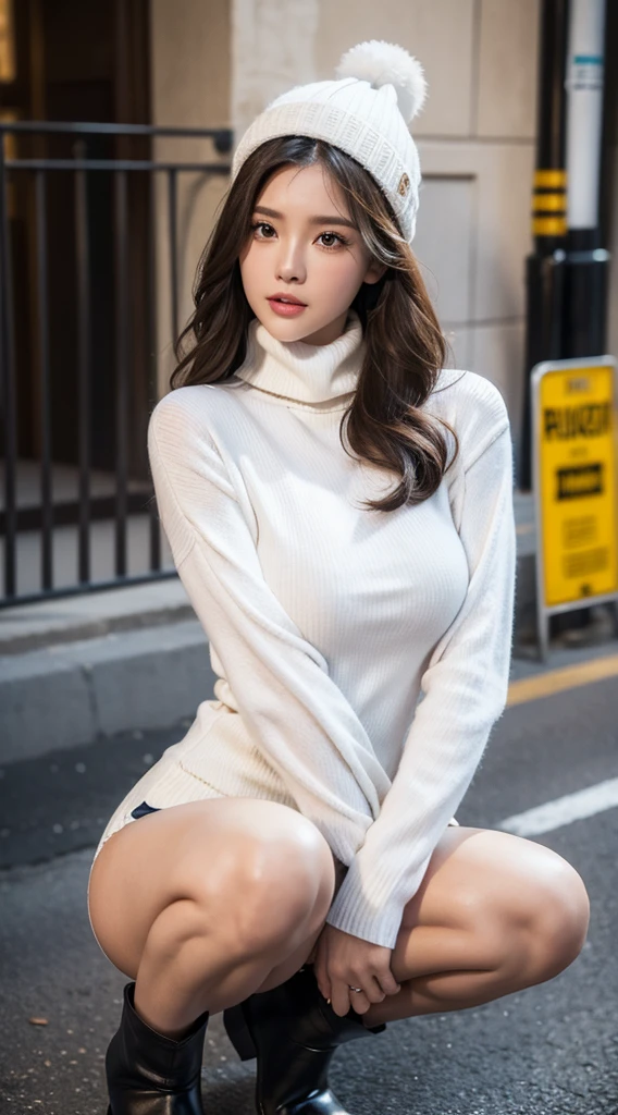 Best quality at best,4K,tmasterpiece:1.3),Beutiful women,hyper realisitc,1 busty girl,(Huge cleavage,Bewitching body:1.2),black long curly hair:1.1,The face is very detailed,super thin lips,Ultra-detailed eyes,double eyelid,mid length turtleneck sweater(Closely adheres to skin:1.3,Show line:1.2),Extra short hot pants(Clothes cover the upper body),Loose boots,bud hat,Sexy expression,Dangling breasts,Visible lines,Random scenes,just two legs,Street side,roadside,fully body photo,Stood up(Stand up:1.3)