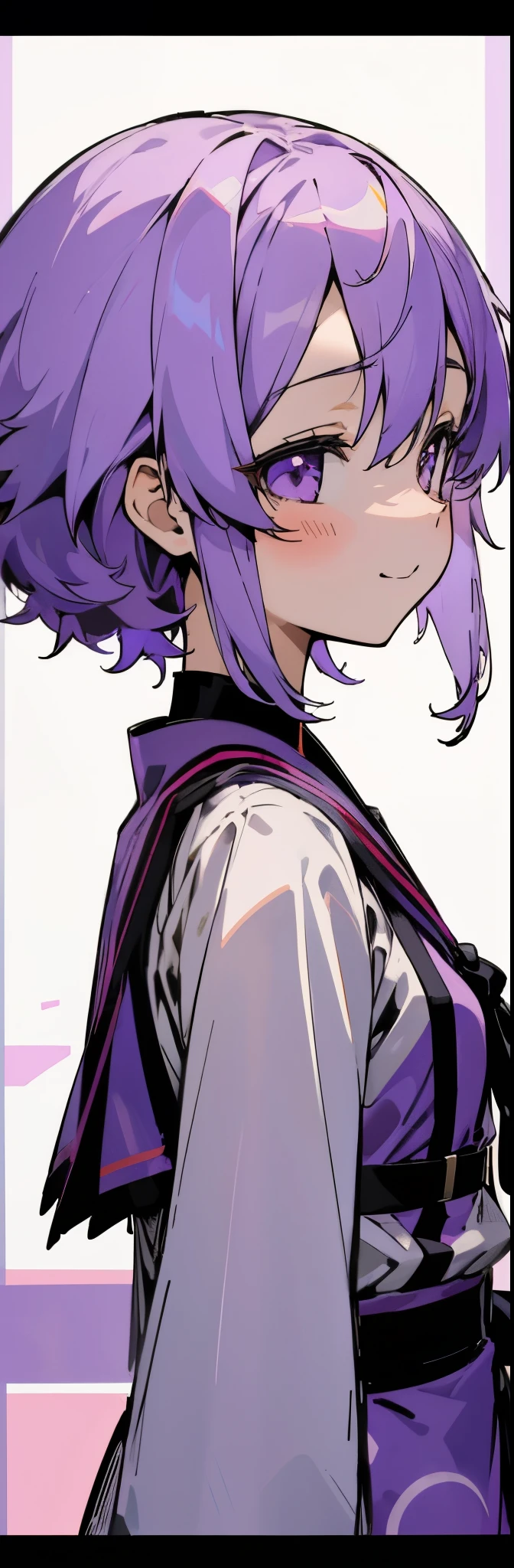 １girl、Yuitsuki Yukari、Light purple hair、short hair、(Hair between the eyes) )、Blouse shirt with ethnic patterns and primary colors、profile、smile、Upper body close-up