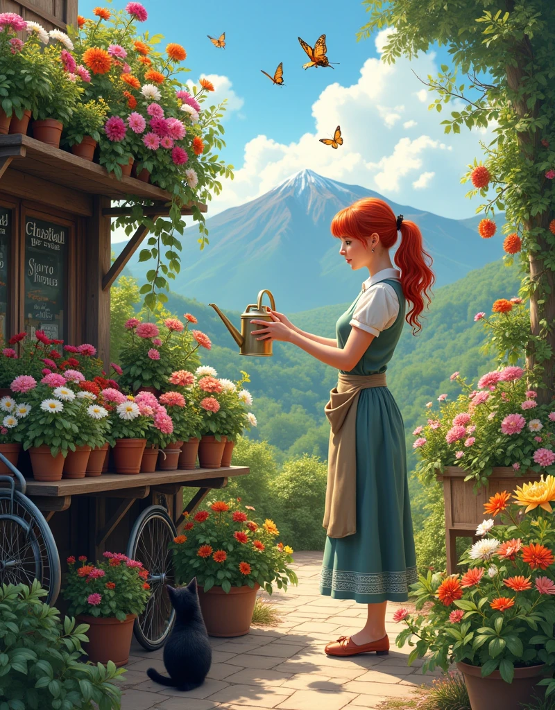 The beautiful redhead florist woman passionately nurturing vibrant flowers at her urban garden stall, insanely detailed and intricate scene, variety flowers and vegentables plants in background with beautiful hilly meadows and small. woods and also mountains with a curious cat in the foreground and a butterfly resting on one of the flowers and a vintage bicycle with flower baskets and an old-fashioned watering can near the plants