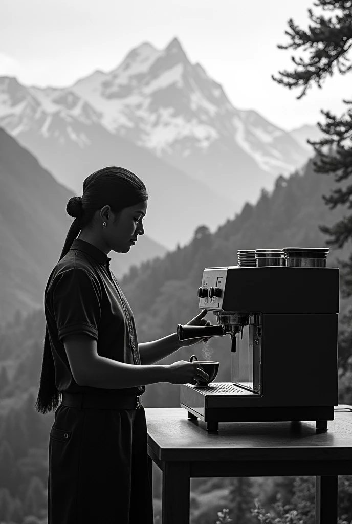 (photorealism:1.2), Nepali culture,fast food, coffee, espresso, machine, barista, black and white, mountains hills