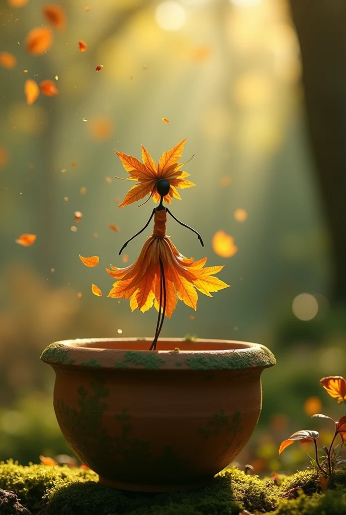 A whimsical miniature figure composed of delicately arranged autumn leaves, poised in a carefree dance on the rim of a weathered, moss-covered terracotta pot, set against a lush, vibrant forest backdrop, where dappled sunlight filters through the canopy above, casting intricate shadows. The overall aesthetic is ethereal, with warm, earthy tones of sienna, umber, and olive green, infused with hints of emerald and golden light, evoking a sense of wonder and enchantment, as if plucked from a fantastical realm.