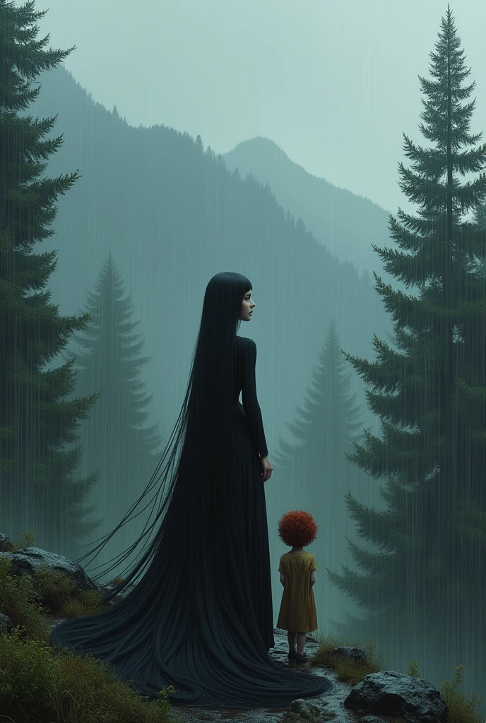 On a mountain, with fir trees, in rainy weather, a woman with very very long black hair and white skin and behind her stands a  with curly red hair 