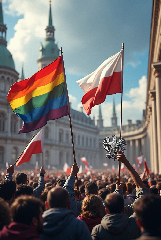 A picture in which LGBT apologizes and Poles take down the rainbow flag and the white eagle triumphs