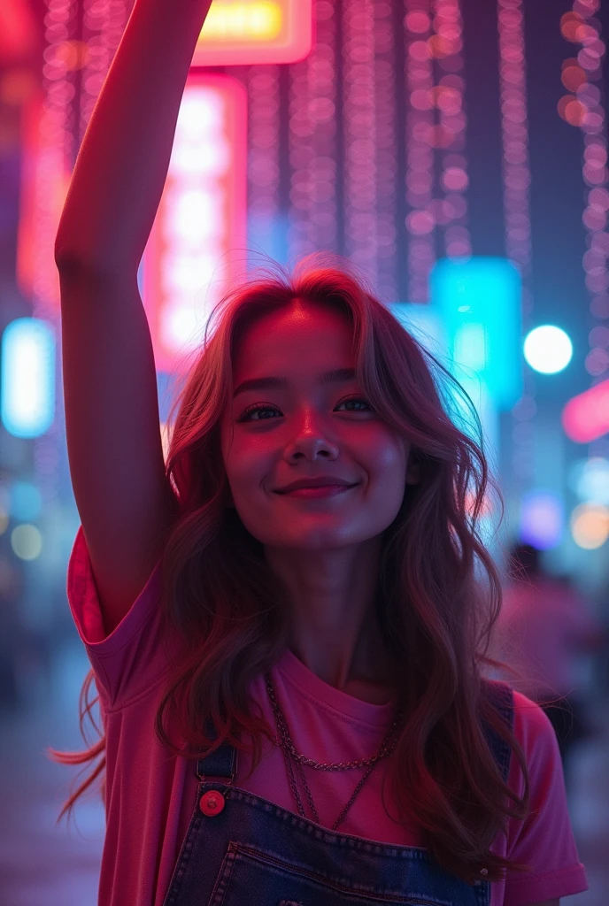 Highest quality、4K wallpaper、masterpiece、Highly detailed CG、Very fine grain、Super detailed、Intricate details、Look up 1. A happy, smiling girl is in the center.、Happy smiling shy girl raising her arm in the center neon pop abstract art style、public、A stream of very fine black bubbles、Very fine chains with gentle movement、