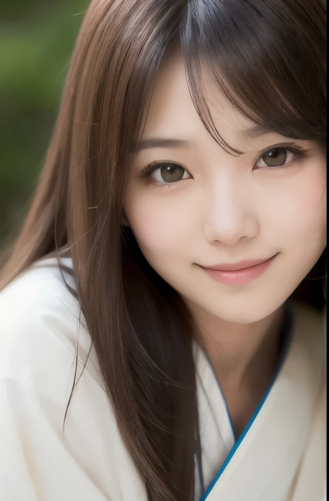 best quality, face focus, soft light, ultra high res, (photorealistic:1.4), RAW photo,(Shinozaki Ai), white skin, kawaii, 1 Japanese girl, solo, cute, (smile), (pupil, lights in the eyes), detailed beautiful face, Medium-sized breasts,(high resolution detail of human skin texture),(long hair),(portrait), upper body, white traditional kimono,