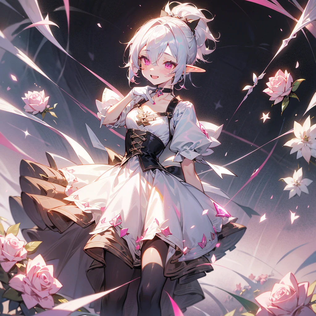 elf, silver hair, female, a girl, , female , glad, laughing, short hair, ponytail, covering one eye, pink eyes, pale skin, tiny, slim, wizard hat, choker, Tuxedo, White gloves, ribbon, skirt, Gothic ****ta, magic effect, pink Rose, s wand with pink gem