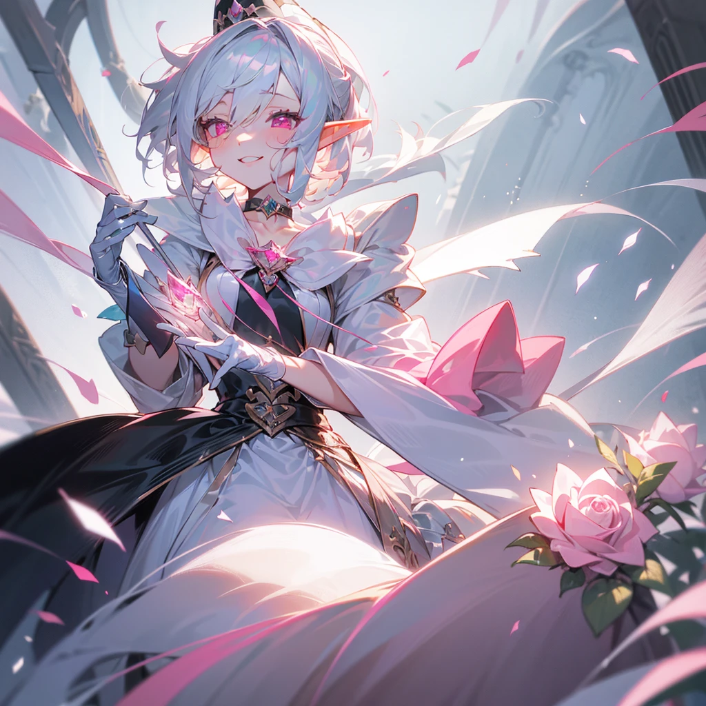 elf, silver hair, female, a girl, , female , glad, laughing, short hair, ponytail, covering one eye, pink eyes, pale skin, tiny, slim, wizard hat, choker, Tuxedo, White gloves, ribbon, skirt, Gothic ****ta, magic effect, pink Rose, s wand with pink gem