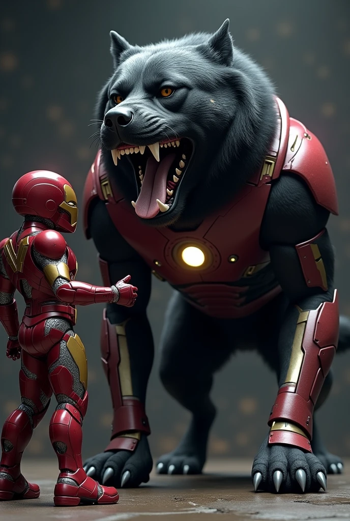  a  dangerous black dog, dog wear ironman's costume, dog open his mouth for biting  and Ironman standing beside the dog Ironman hold dog collar in hands 