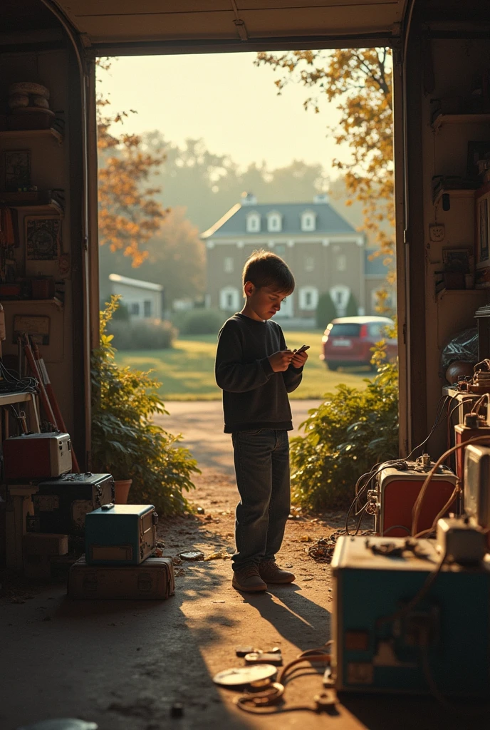 A nostalgic scene of a young boy tinkering with electronics, representing a young Steve Jobs. The setting is a 1960s suburban garage with various electronic parts scattered around. In the background, a faint image of Reed College's campus can be seen, bathed in soft morning light. The atmosphere should feel warm and hopeful.