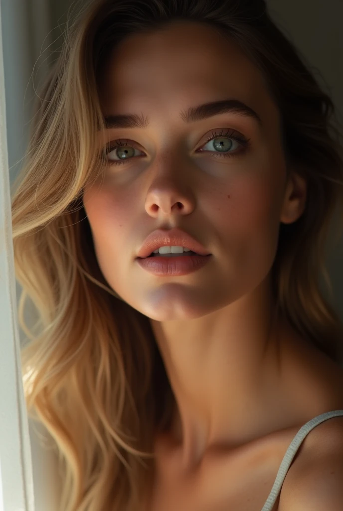 ((long shot))femme réaliste texture de peau détaillée, Beaux traits du visage, long cils, lèvres brillantes, doigts délicats, silhouette élégante, literie de luxe en soie, éclairage doux, composition cinématographique, Couleurs vives, Photoréaliste, 8k, Haute qualité