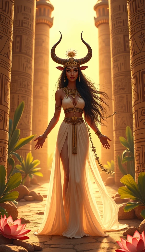 Create an illustration of Hathor, the Egyptian goddess of love, music, and joy. She stands gracefully in an ancient temple adorned with intricate hieroglyphs. Hathor wears a beautiful headdress featuring cow horns and a solar disk, and her flowing gown shimmers in the warm sunlight. Surround her with symbols of beauty and fertility, such as lotus flowers and musical instruments. Her serene and loving expression radiates a divine presence, capturing the essence of her role as a nurturing and joyous deity