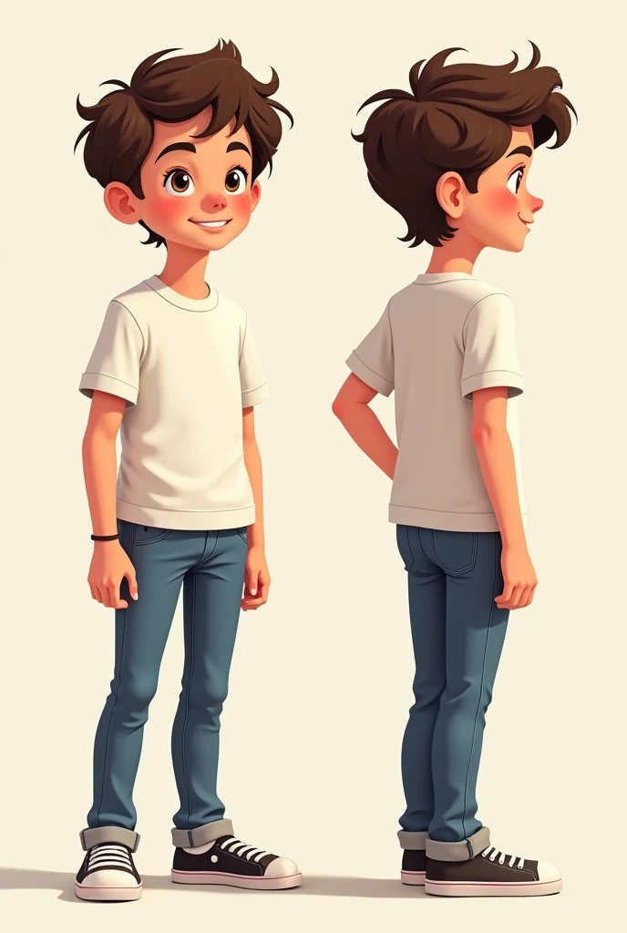 Want to create 2D character of boy who is 15 years old with full body front view , back view , side view 