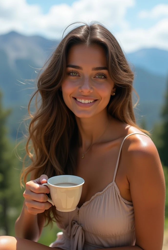 ((long shot)) brunette influencer with long, naturally wavy hair, green eyes, sexly, big , enjoying a coffee in the mountains, elegant and modern look, relaxing, Calm, extravagant , 8k, extremely detail, photorealestic, Details Complicated, Realistic skin texture, realistic hair, Textur, Happy, 8K UHD, best quality, High resolution, attention to details, very large , long shot, wide angle,(big boobs)