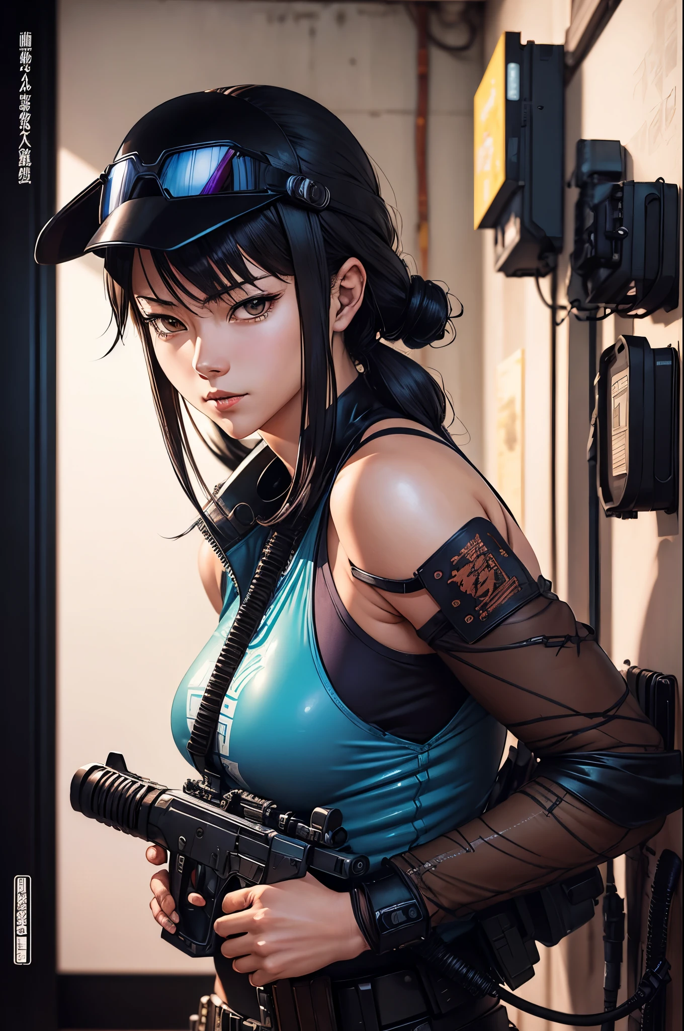 A drawing of a woman with a gun and a helmet, 灵感来自Masamune Shirow, inspired by katsuya terada, girl, Otomo Shohei, 《Neuromancer》Molly, Katsuya Terada style, Masamune Shirow的风格, Very detailed and beautiful fan art, author：Masamune Shirow, Like a female mechanic