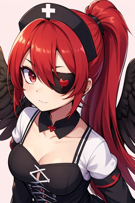 Cute Girls Gothic Nurse Clothing Red hair Drill Hair ponytail 真front Eye patch Angel's wing Devil's Tail tooth Background white Upper Body Anime Style sd One person front Big Tits smile