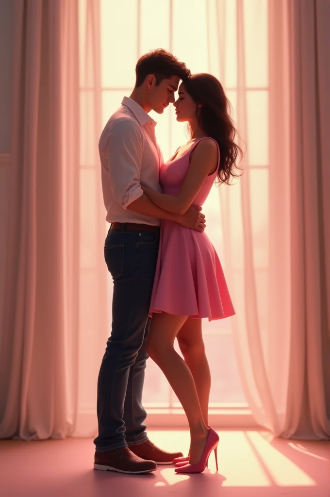 make image of skinny, tall boy doing romance with her girlfriend wearing pink dress and pink shoes  both are older than 22 age and girl is healthy with body