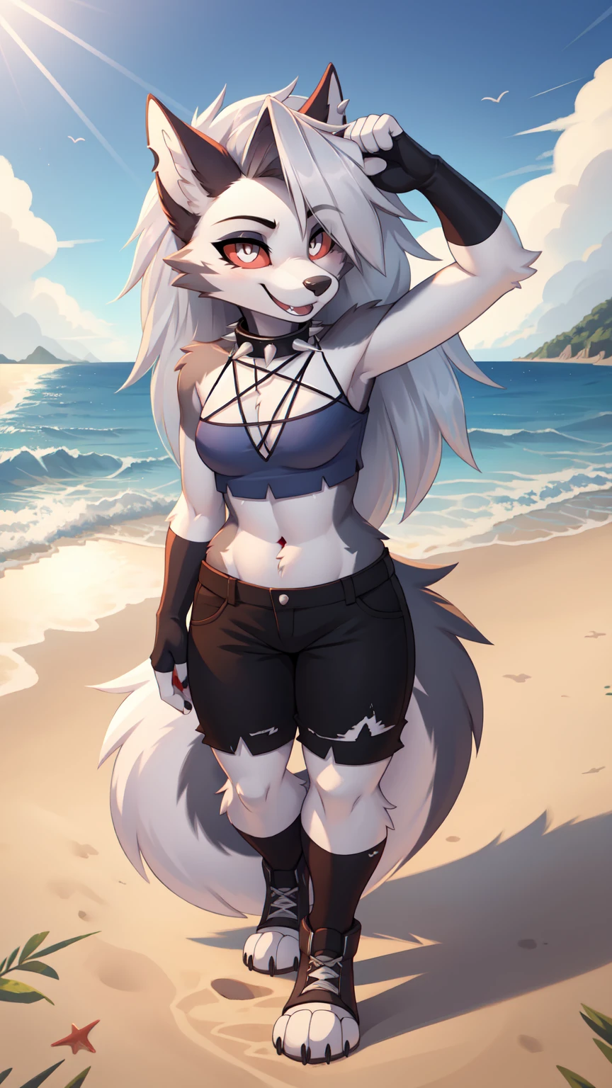score_9,score_8_highly,score_7_highly, source_cartoon, source_furry, ​masterpiece, best quality, loona hellhound, Subscribe to, loonashort pants, detailed face, detailled eyes, (slit phighlyils, White eyes), Rote Sklera, Happy, [smile, [Spiked collar]], pentagram, Fingerless Gloves, short pants, digitalgrad, Stand, beach, sunny rays, highlyerbody, 