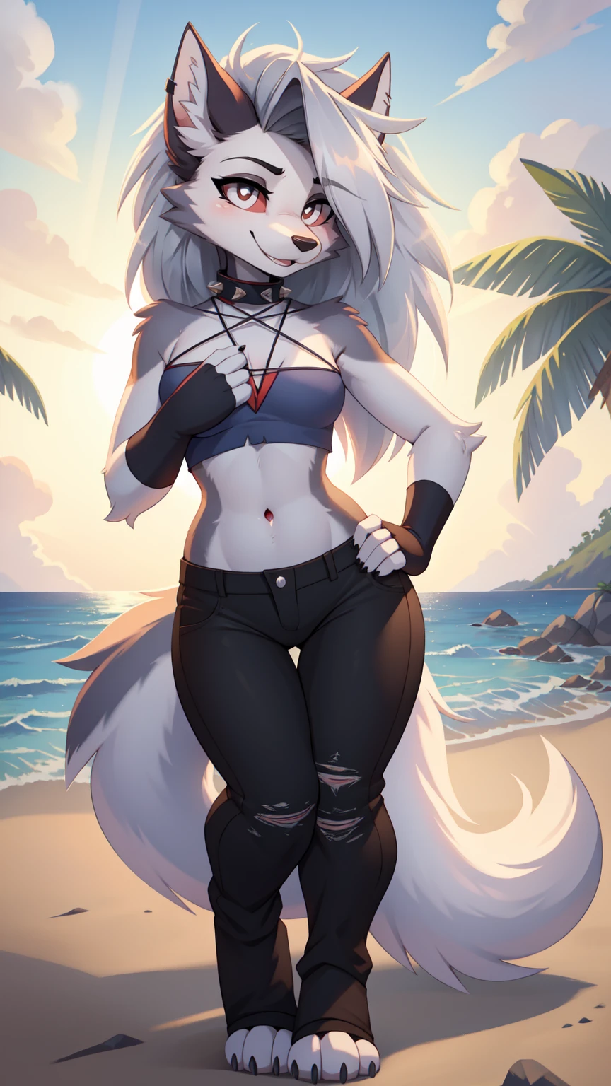 score_9,score_8_highly,score_7_highly, source_cartoon, source_furry, ​masterpiece, best quality, loona hellhound, Subscribe to, loonashort pants, detailed face, detailled eyes, (slit phighlyils, White eyes), Rote Sklera, Happy, [smile, [Spiked collar]], pentagram, Fingerless Gloves, short pants, digitalgrad, Stand, beach, sunny rays, highlyerbody, 