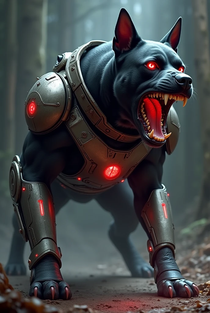  a  dangerous black dog, dog wear ironman's costume, dog open his mouth for biting  and Ironman standing beside the dog Ironman hold dog collar in hands 