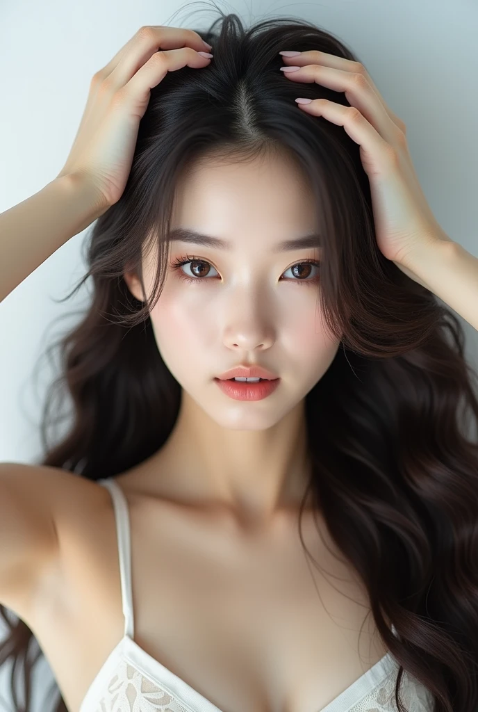Create an Asian long-haired beauty,Picture top-down,Touching the hair on the top of the head with both hands,side,,The characters are realistic and realistic,Pure white background,Showing the angle of the top of the head,9:16 frames,Ultra-high-definition picture quality