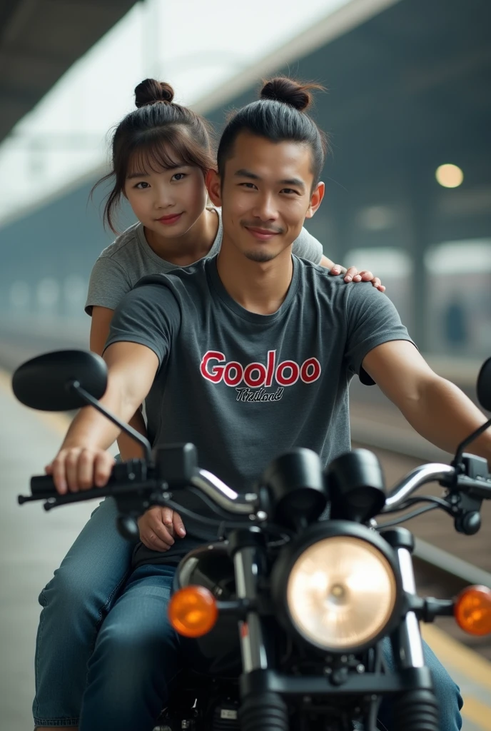 Photorealistic handsome fair-skinned Thai man wearing dark grey "Gooloo Thailand" shirt, long jeans, top knot hairstyle, sitting on a Harley-Davidson Sportster motorcycle, holding the handlebars, with a Korean girl wearing a grey short-sleeved shirt, short jeans, sitting astride him from behind, grey blurred background, train station atmosphere, DSLR camera, 200mm lens, editorial style.