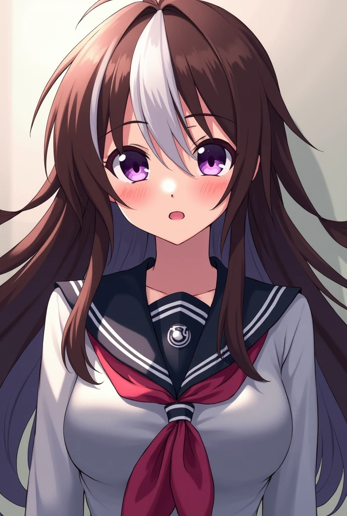 anime character. Long brown hair with a white lock in front, bulky body in student uniform, big purple eyes, thin eyebrows, blush on the cheeks.