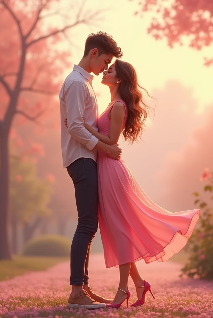 make image of skinny, tall boy doing romance with her girlfriend wearing pink dress and pink shoes both are older than 22 age and girl is healthy with body