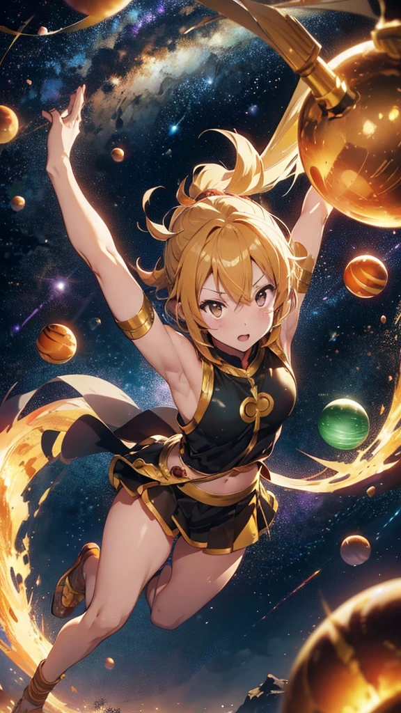 Sun Wukong, surrounded by 7 Dragon Balls, golden radiance, divine dragon hovering, gentle gaze, green golden stripes, delicate dragon scales, cosmic Milky Way background, dynamic blur, 8k HD, epic level, dreamy lighting, extraterrestrial landforms, Milky Way
